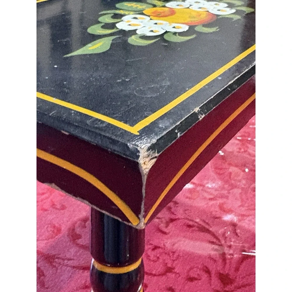 Vintage 1976 Ebersol Chair Shop Hand-Painted Wooden Footstool Folk Art Stool BLK